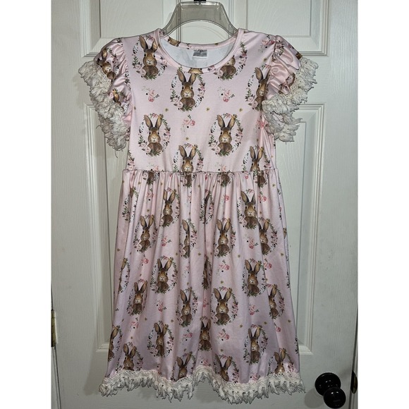 The Unbranded Brand Other - Little girls Easter bunny dress , pink , lace trim and fringe , 5xl , boutique